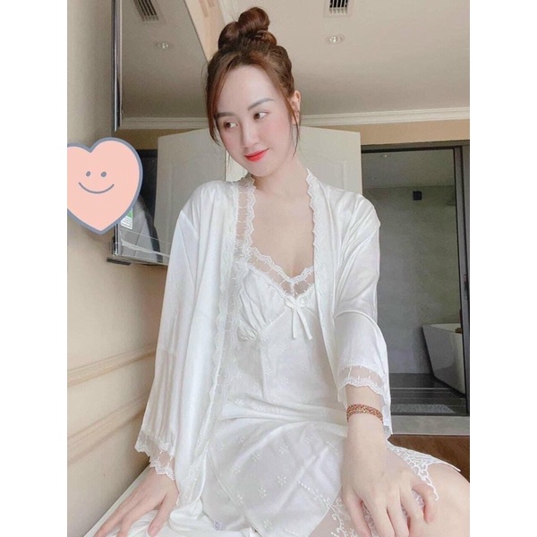 Sét Đầm Ngủ Ren Quyến Rũ, Váy Ngủ Có Đệm Kèm Áo Choàng Lụa Cao Cấp Cho Nữ từ 40-63kg.