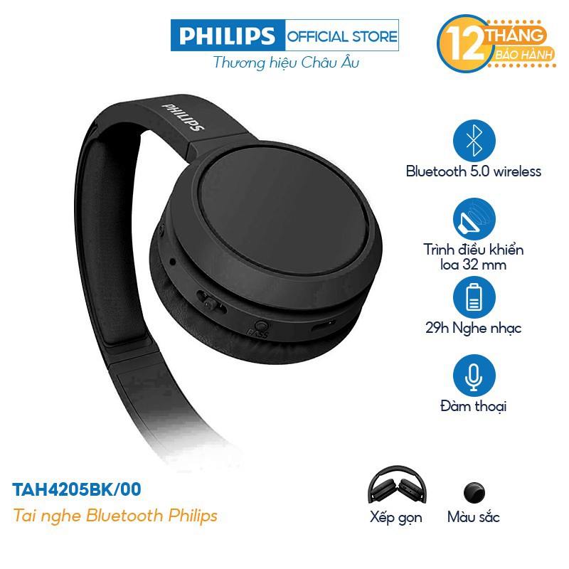 Tai nghe Philips Bluetooth TAH4205BK/00 - Màu đen - Hàng Chính Hãng