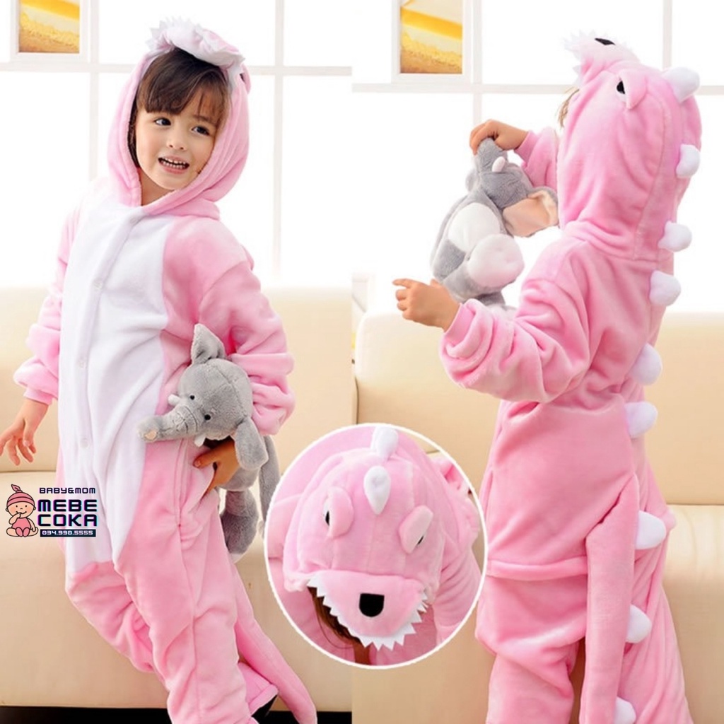 Đồ Ngủ Thú Bộ Đồ Khủng Long Hồng Đồ Ngủ Liền Thân Hình Thú Cho Bé