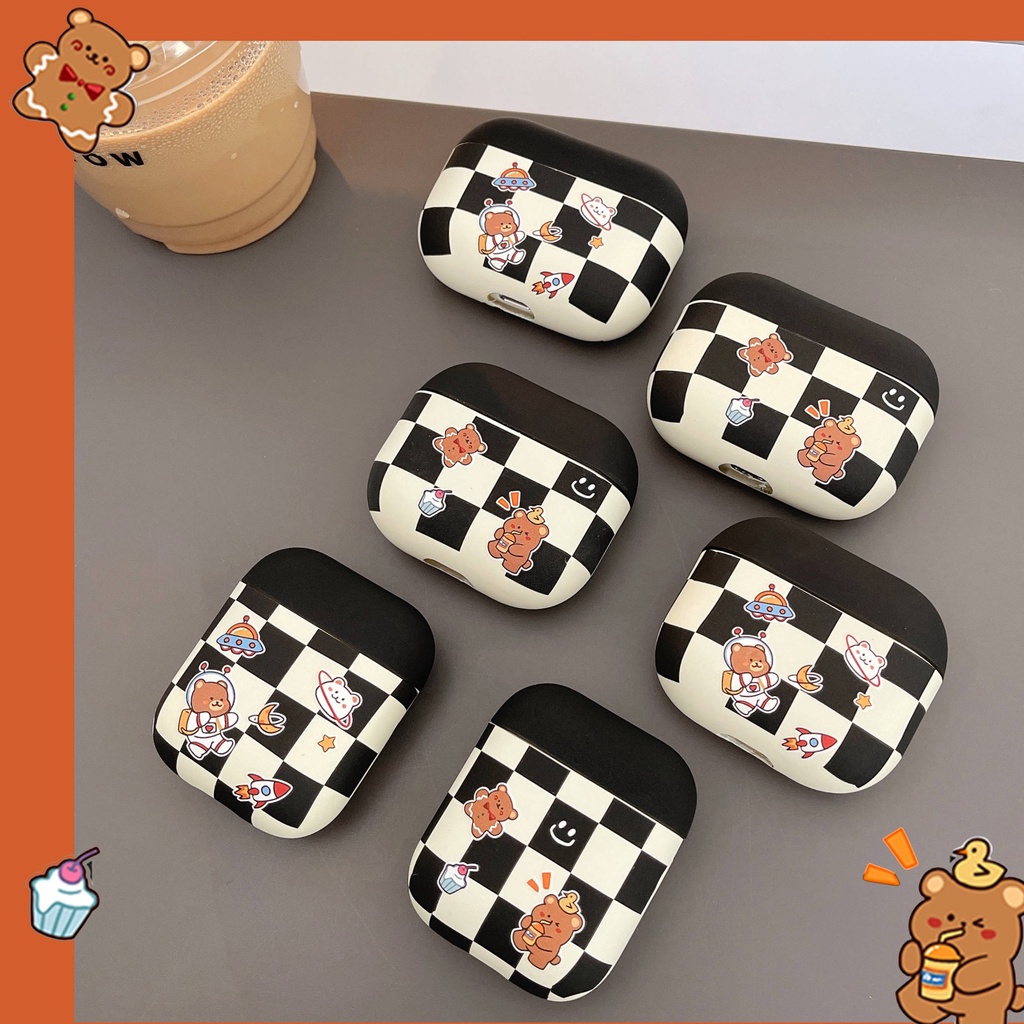 Vỏ Bảo Vệ Hộp Sạc Tai Nghe Airpods 3 Pro 2/ 3 Họa Tiết Sọc Ca Rô + Chú Gấu Dễ Thương Thời Trang 2019 Ốp