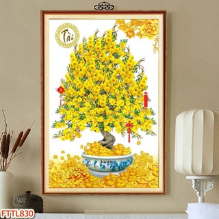 Tranh dán tường Tranh tết 2021 Tranh thư pháp Chậu Bonsai - hoa mai 5, Tranh dán tường 3d hiện đại (tích hợp sẵn keo)