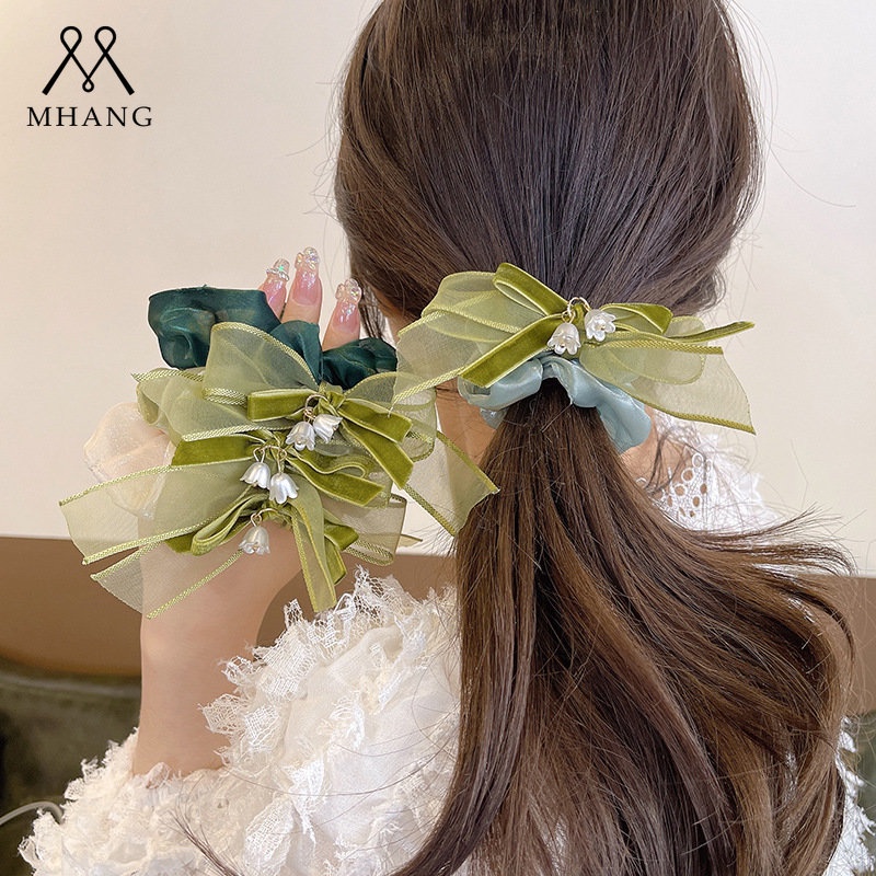 Dây Buộc Tóc Lưới Thắt Nơ Cỡ Lớn Màu Xanh Lá Nhạt Thời Trang Xuân Hè Thanh Lịch