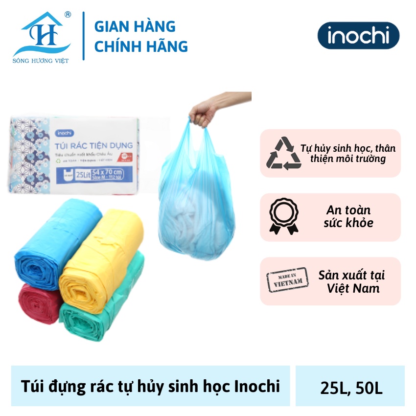 Túi đựng rác INOCHI bốn màu, tự hủy sinh học, có quai xách tiện lợi, an toàn sức khỏe - Hàng chính hãng