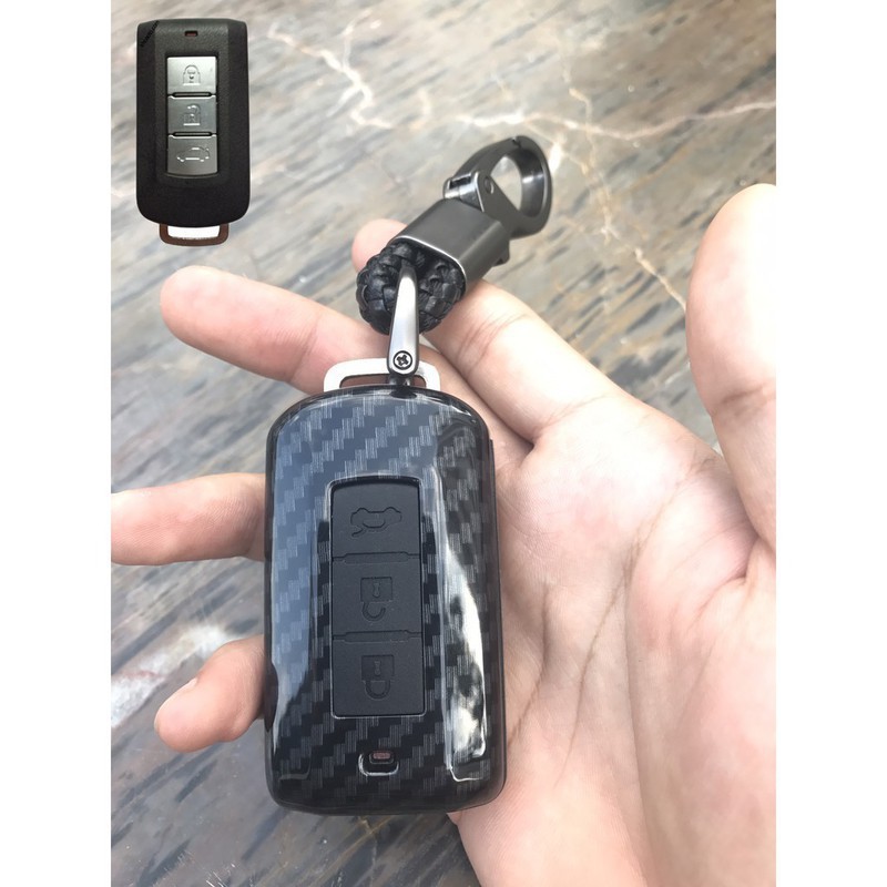Ốp chìa khóa Carbon Mitsubishi Attrage, Outlander, Xpander, Mirage, Pajero Sport chìa thông minh 3 nút