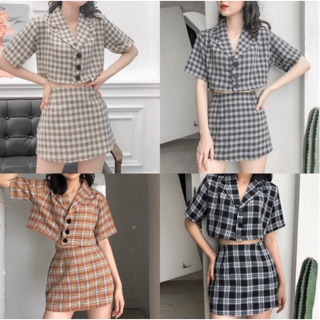 Set Vest Croptop + Váy Caro Ulzzang