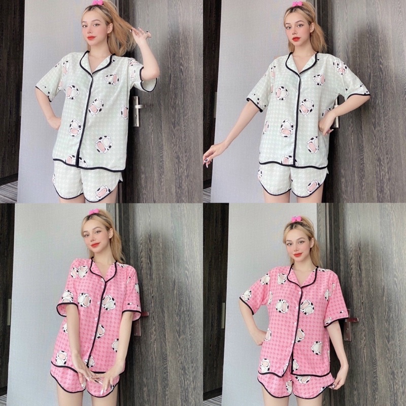 Bộ Pịama Lụa 100D Cổ Bẻ Đùi Hoạ Tiết Ảnh Thật