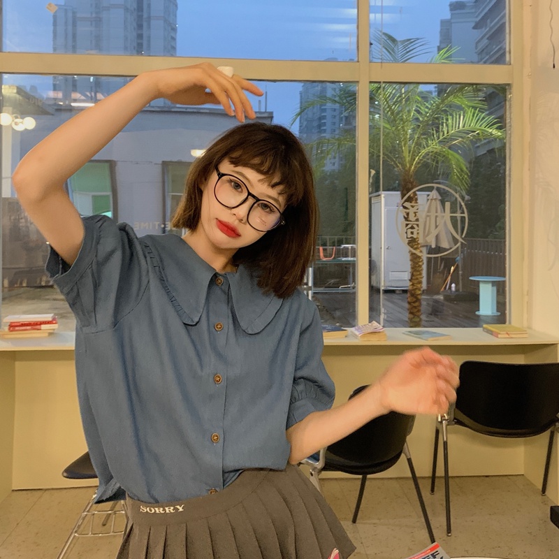 Áo sơ mi SUXI tay ngắn cổ búp bê màu trơn đơn giản dễ phối đồ thời trang mùa hè cho nữ