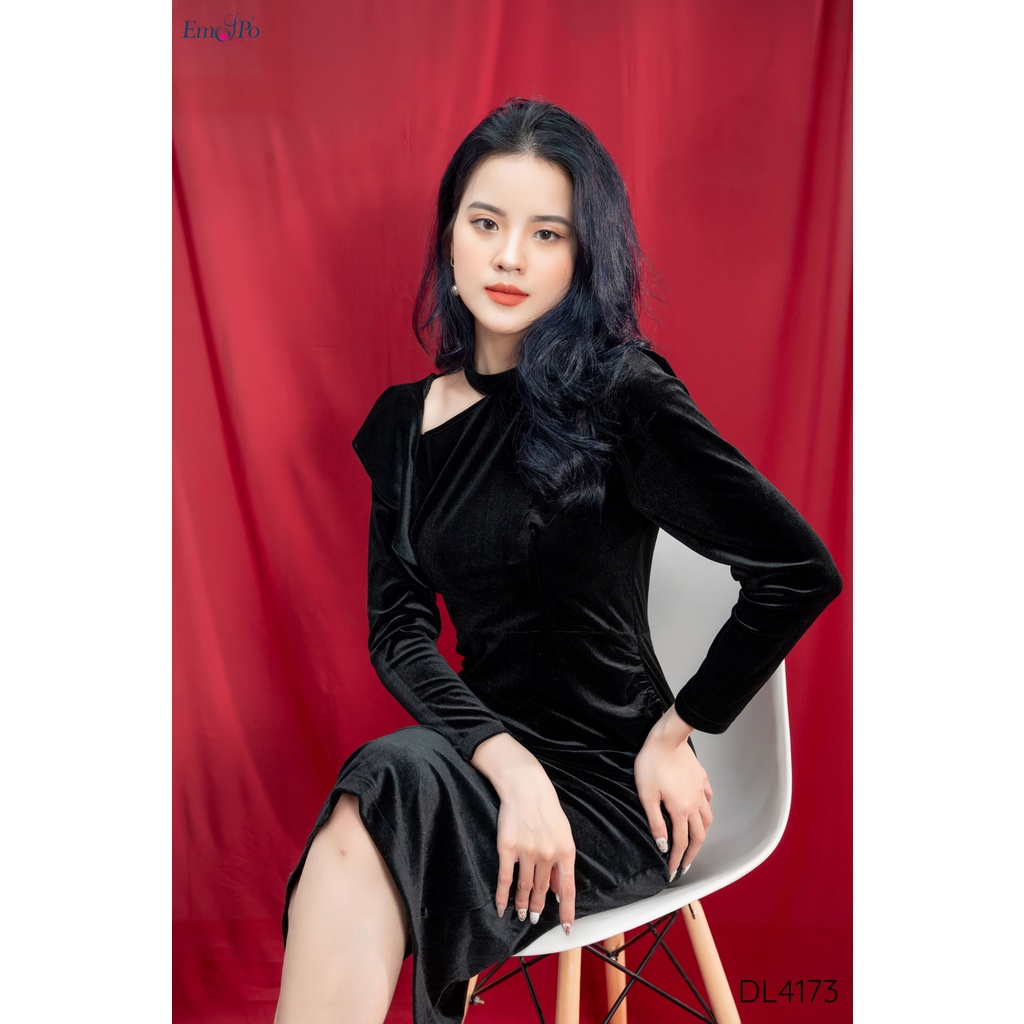 Đầm nhung, cổ hở, tay bồng, rúm eo Emspo DL4173