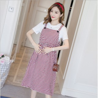 Đầm Bầu ;Sét Váy Yếm 2 Dây Kẻ Caro Đỏ - Xinh Xắn