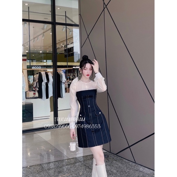 Váy kaki viền phối tay bồng