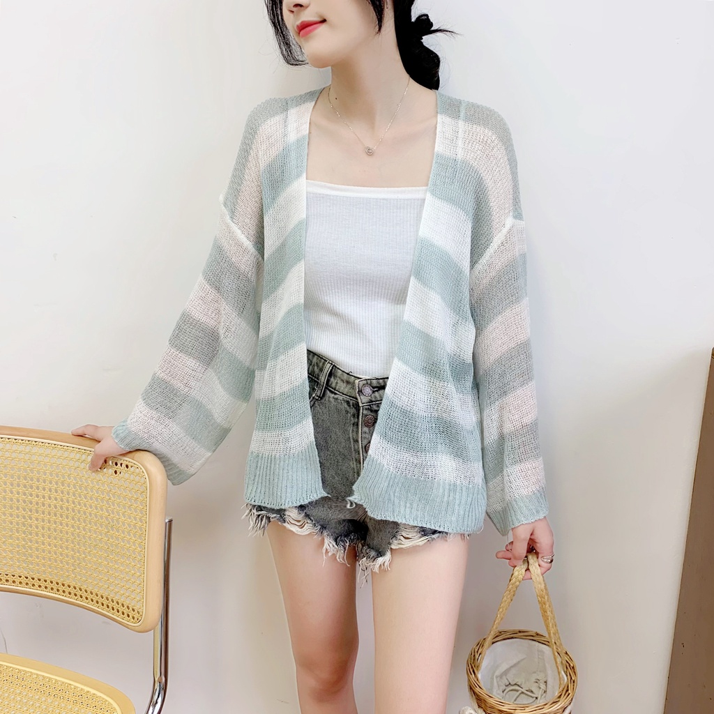 SUXI Áo Sơ Mi Dệt Kim Dáng Rộng Họa Tiết Kẻ Sọc Thời Trang Mùa Hè Phong Cách Vintage Cho Nữ