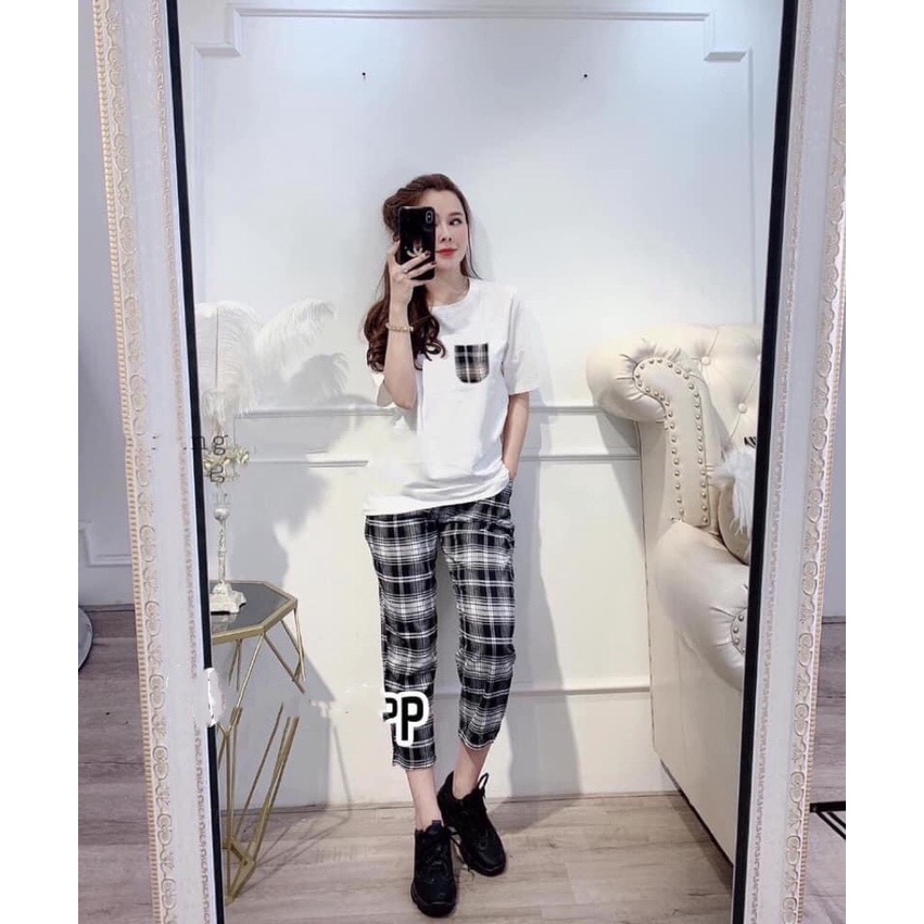 ĐỒ BỘ THUN THUN CARO ĐẮP TÚI, XỐP PHỐI CHÉO CỔ TRỤ THỜI TRANG