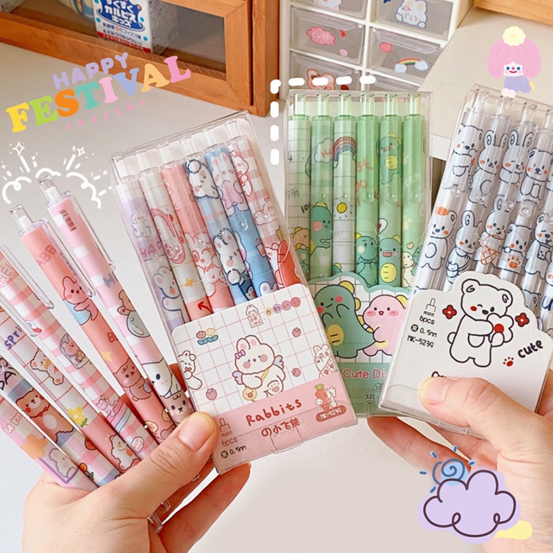 Bộ 6 bút bi mực đen ngòi 0.5mm có thể thu gọn thiết kế hoạt hình
