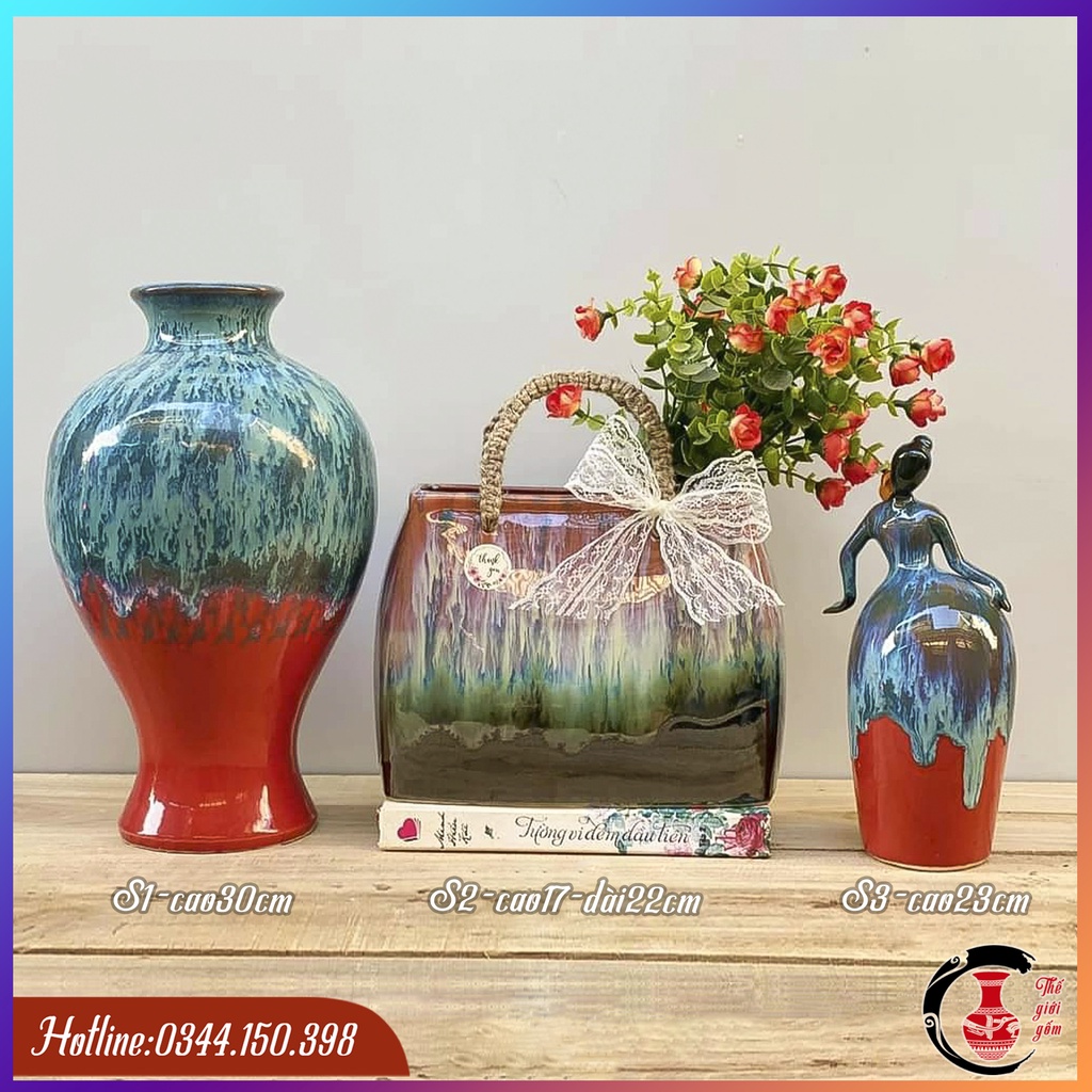 Bộ sản phẩm lọ cắm hoa, giỏ hoa, cô gái decor trang trí men hỏa biến, gốm Bát Tràng