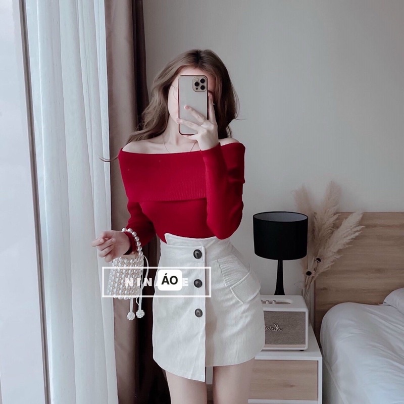 [Hàng hot]Áo bẹt vai tay dài ôm body chất len tăm-hình thật. alohashop91