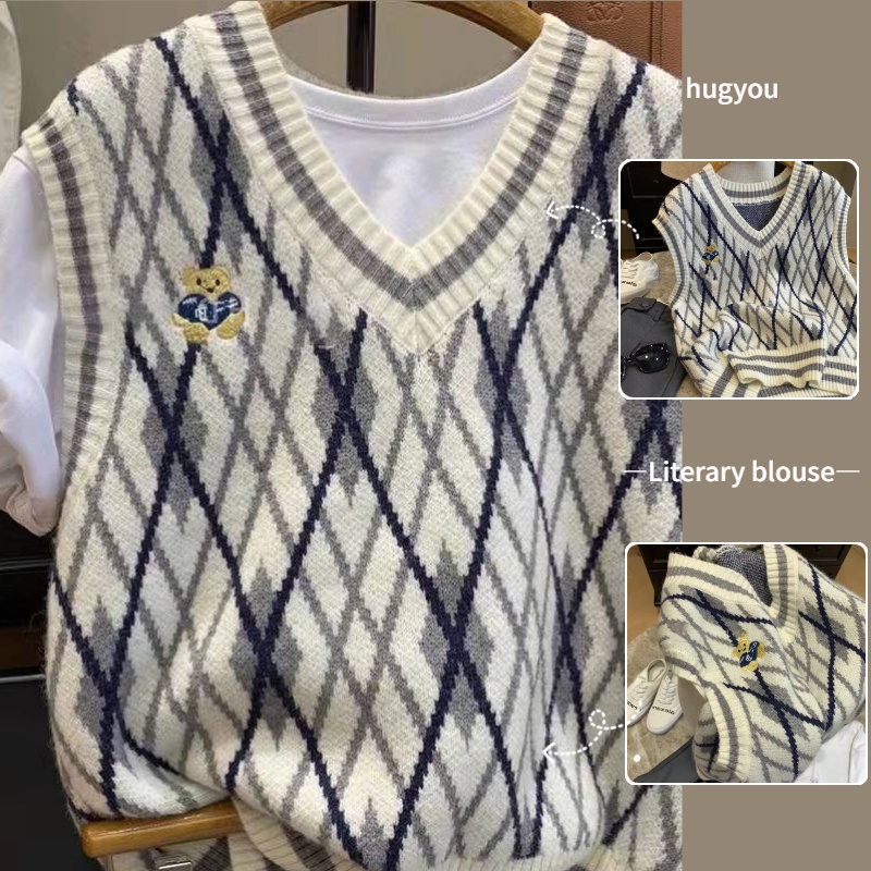 Áo len không tay cổ chữ v form rộng họa tiết sọc caro phong cách vintage