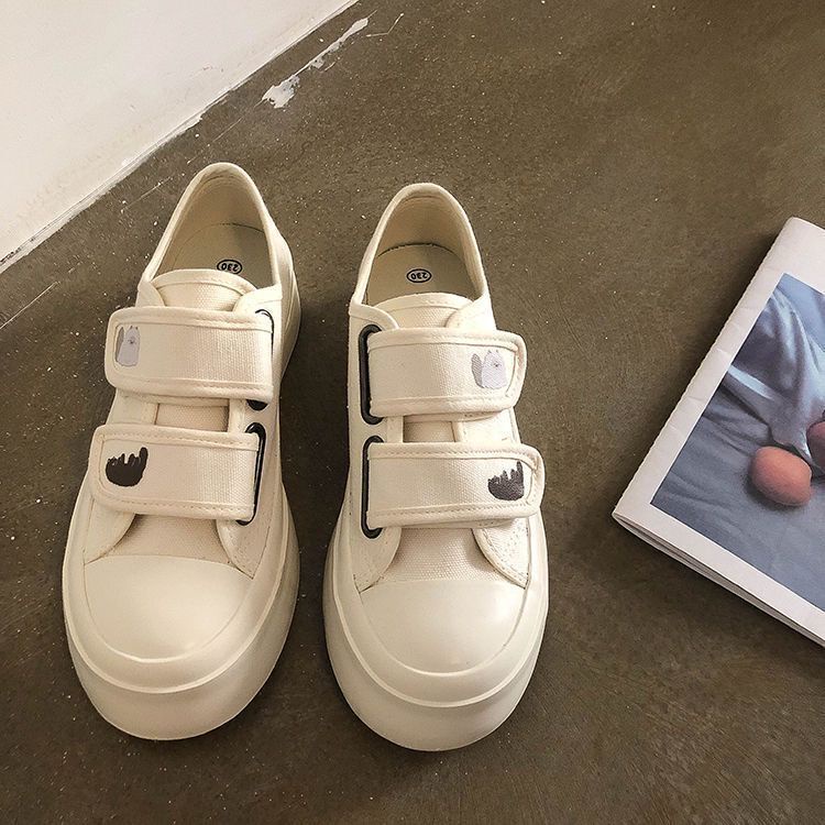 Giày Thể Thao Canvas Đế Dày Quai Dán In Hình Mèo Hoạt Hình Dễ Phối Đồ Thời Trang