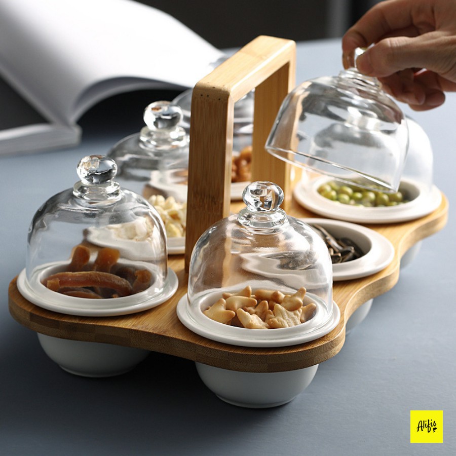 Khay tre đựng bánh kẹo, mứt tết, hoa quả - gồm hũ sứ - chụp thủy tinh mini – set 4 và 6 hũ - phong cách Nhật Bản