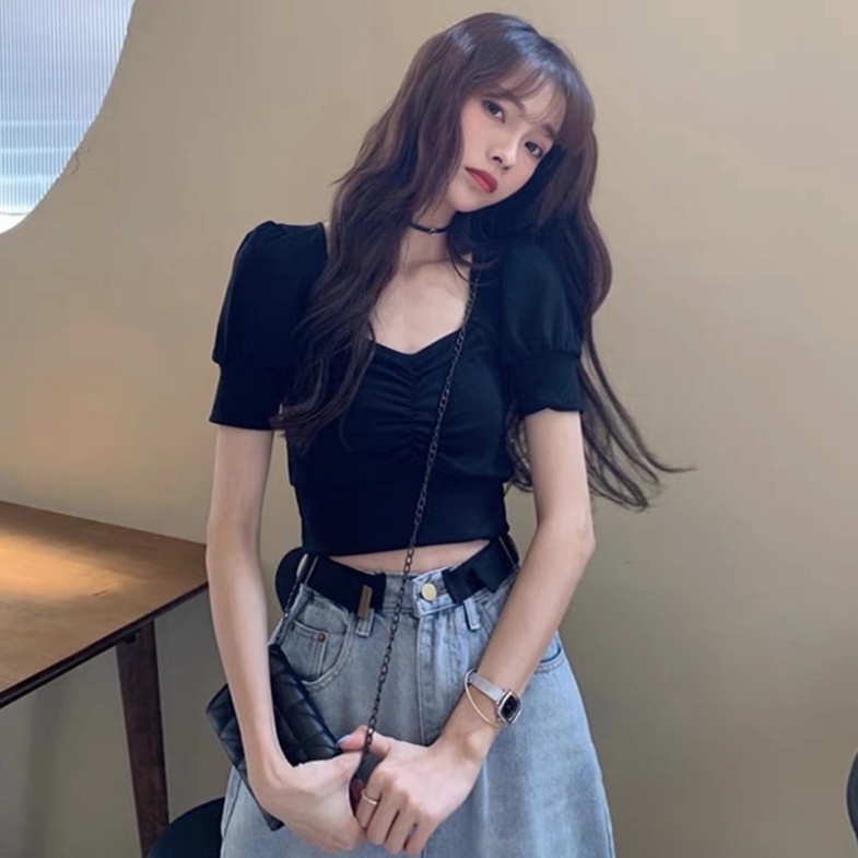 Áo Croptop Nữ Tay Phồng Ngắn Cổ Vuông Nhún Ngực 2 Màu Cơ Bản  THE POSE
