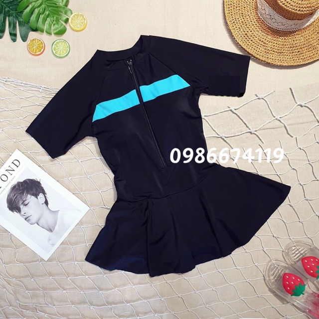 CÓ SIZE, Bikini đi biển chống nắng- đồ bơi học sinh liền váy kín đáo tay ngắn phối sọc xanh