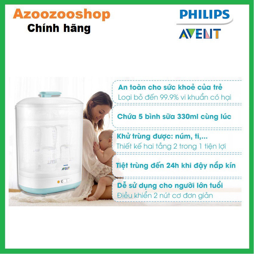 Máy tiệt trùng hơi nước 2 trong 1 Philips Avent SCF922/03, hàng chính hãng, bảo hành 2 năm trên toàn quốc