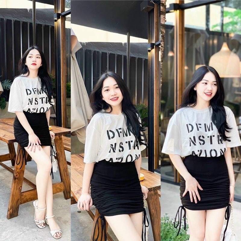 Set áo thun DFMO phối chân váy nhúm rút hông nữ - Váy trơn co dãn dáng ôm body kèm áo phông cộc tay form rộng HOT