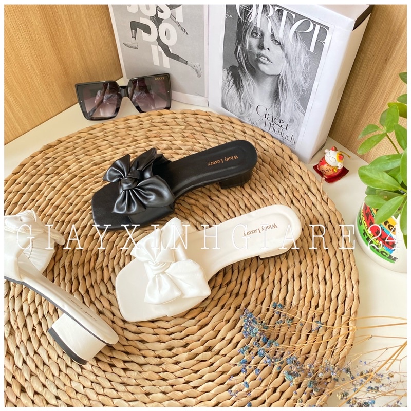 Guốc nơ to GNT đế vuông thấp 3phân