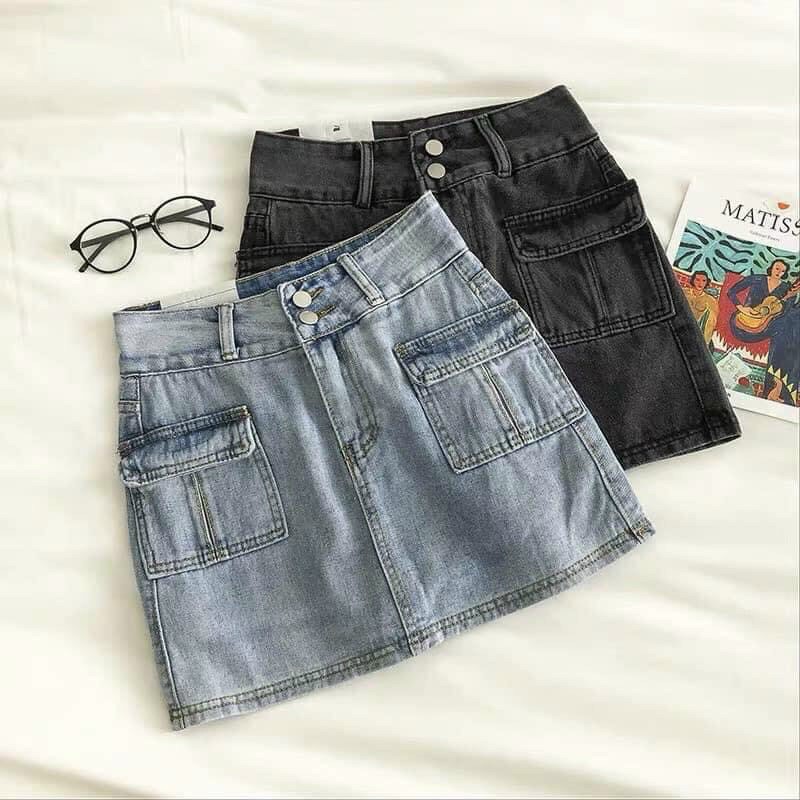 Chân Váy Jean 2 Nút Túi Hộp 2 Màu Xanh Và Đen Khói - 504 | BigBuy360 - bigbuy360.vn