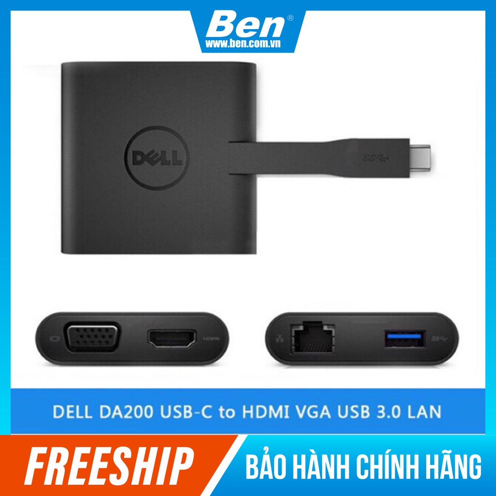 Bộ chuyển đổi Dell DA200 - Docking Dell DA200 Type C to HDMI/VGA/Ethernet/USB 3.0 Chính Hãng Bảo hành 12 Tháng