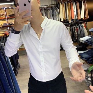 Áo sơ mi nam cổ tàu vải lụa thái màu đen, trắng