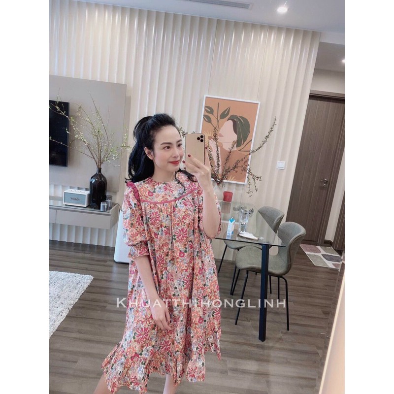 Đầm suông hoa babydoll viền bèo ngực, tay áo bo ống | BigBuy360 - bigbuy360.vn