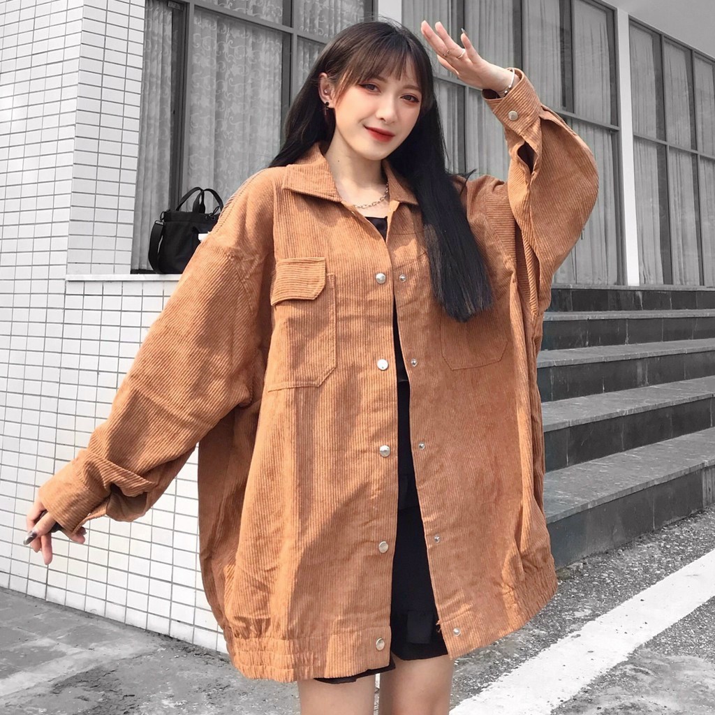 Áo khoác sơ mi nhung tăm dáng rộng ulzzang LOGO THÊU CHỮ CỰC HOT 2021