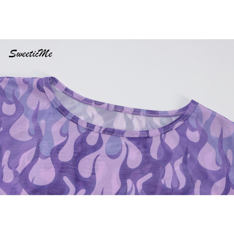 Áo Thun Cổ Thuyền Phối Lưới In Họa Tiết SweeticMe Thời Trang Cho Nữ