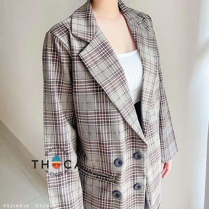Vest nữ blazer túi mổ nút caro nâu THOCA HOUSE chuẩn form vải cao cấp, hàng may thiết kế