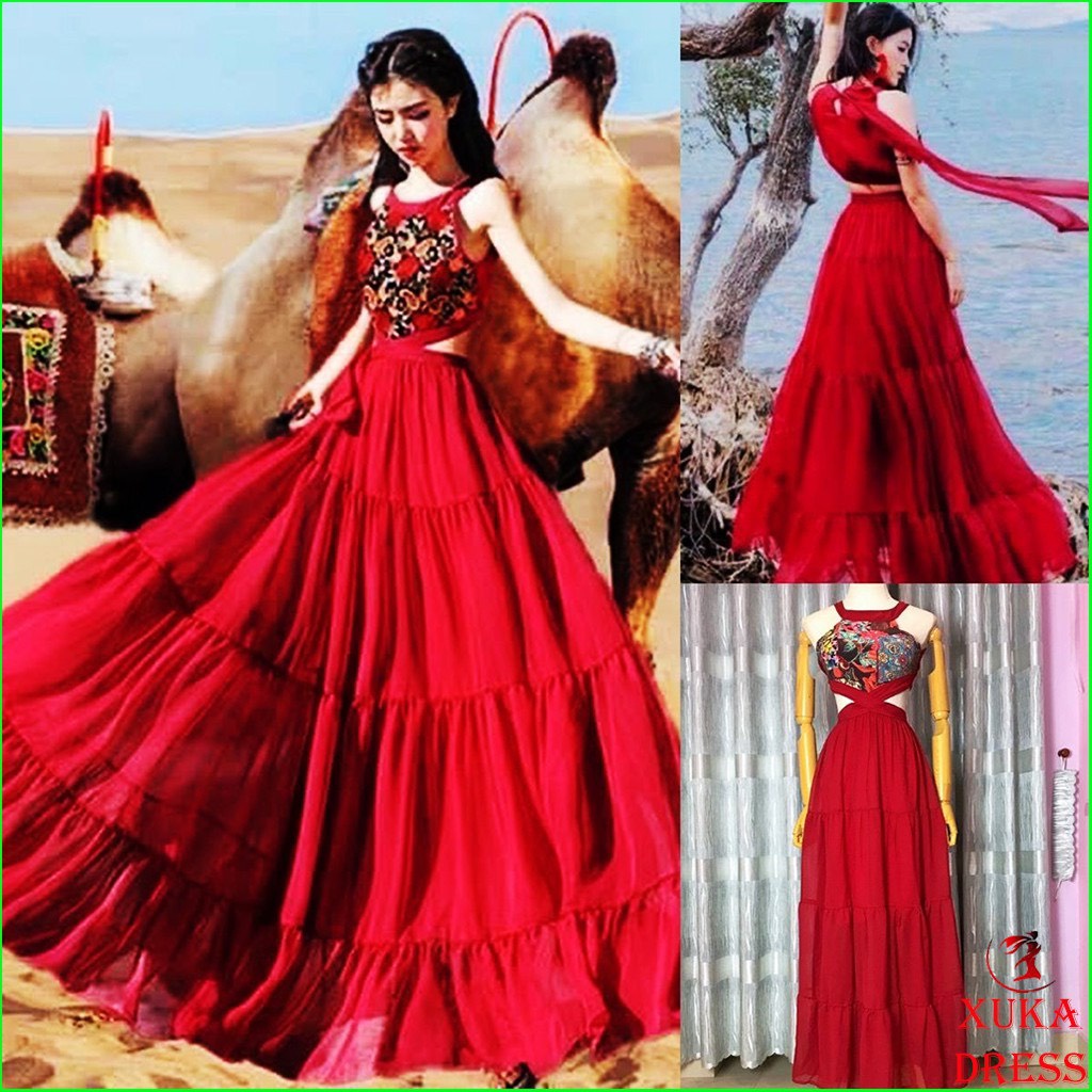 (Sẵn) Váy maxi cổ yếm hở lưng tiểu thư, Đầm maxi dáng dài hoa mặt trời đi biển, chụp hình cưới SAVVY Dress KSVD02000