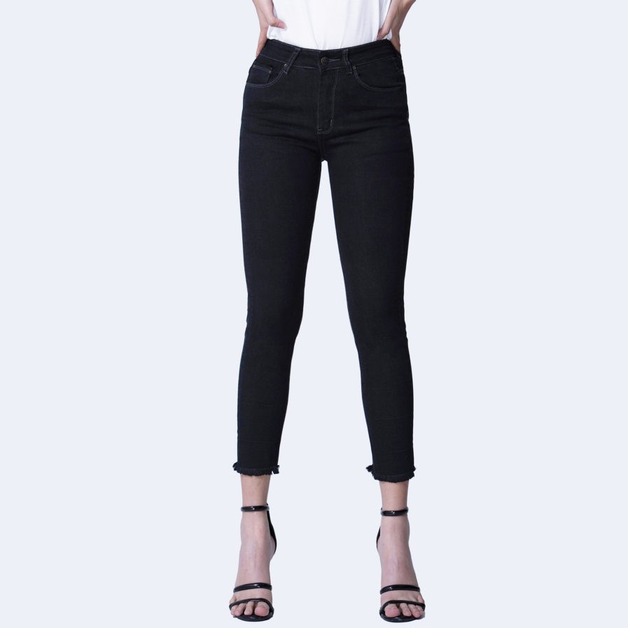 Quần nữ 9 tấc lỡ jean co giãn lưng cao màu đen lai suông