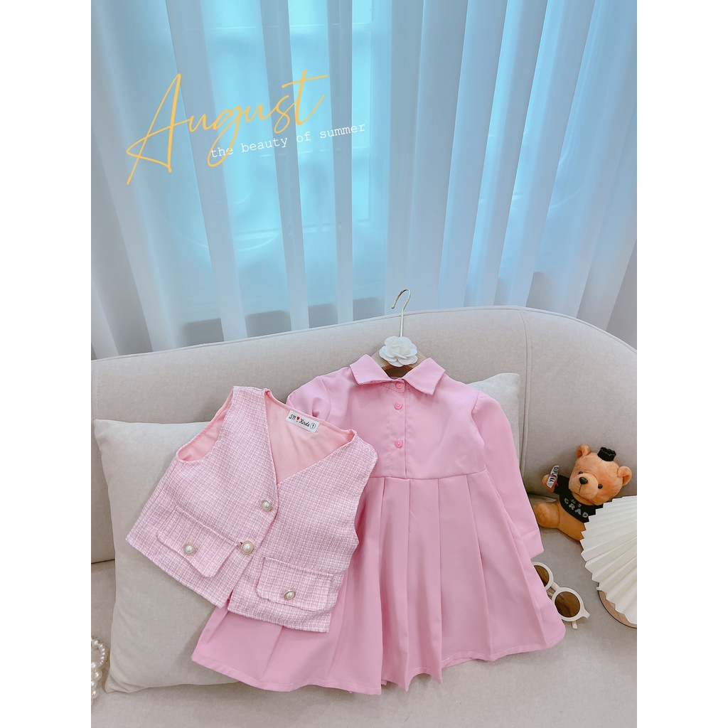 Sét váy kèm áo gile cho bé gái, Sét váy có cổ phần váy xếp ly kèm áo gile dạ vải đẹp xịn xò cho bé size 12-32kg