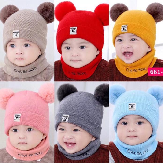 Mũ len quả bông kèm khăn quàng cổ giữ ấm áp cho bé (0 đến 3 tuổi) ( tuyển khách sỉ)