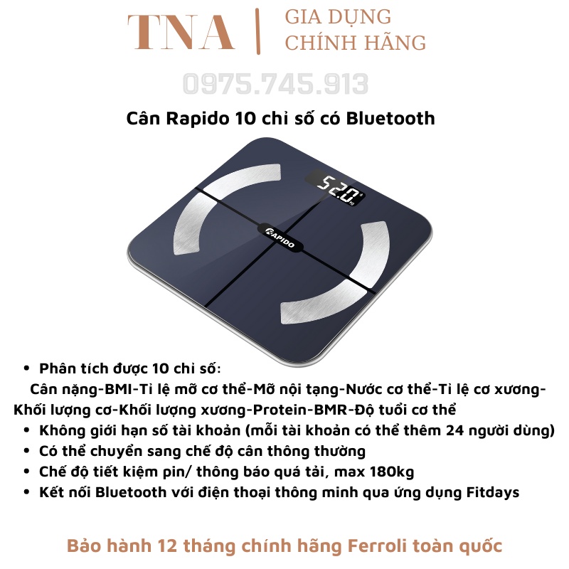 Cân Rapido 10 chỉ số, model RSB02-S có Bluetooth