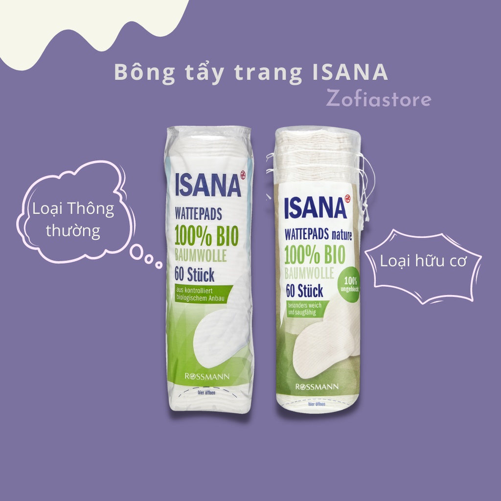 Bông tẩy trang 60 miếng ISANA 100% cotton organic nội địa Đức