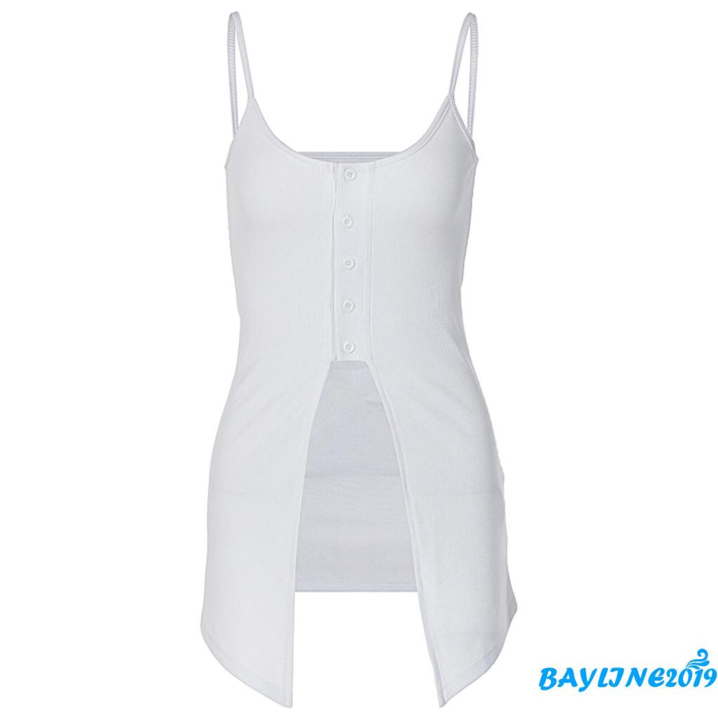 Áo Hai Dây Màu Trơn Xẻ Tà Phối Hàng Nút Phía Trước Thời Trang Cho Nữ