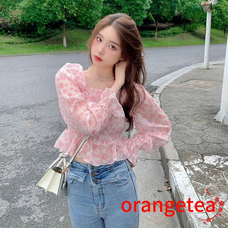 Áo Croptop Chiffon Tay Dài Cổ Vuông In Họa Tiết Hoa Thời Trang Cho Nữ