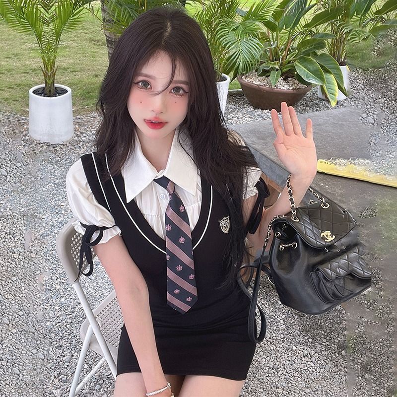 Bộ Đồng Phục Giả Hai Mảnh Gồm Áo Tay Phồng Và Túi Phồng Phong Cách Preppy Ngọt Ngào Cho Nữ