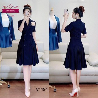 Váy nữ công sở sku 0191 cao cấp - đầm navy dáng xoè cổ vest cách điệu