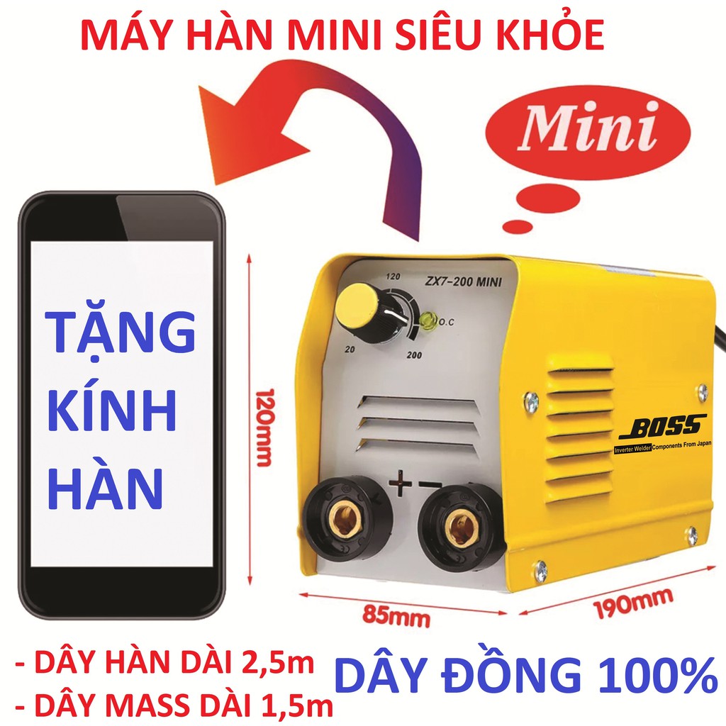 máy hàn điện tử boss zx7-200 mini tặng theo bộ dây hàn bằng dây đồng 100%