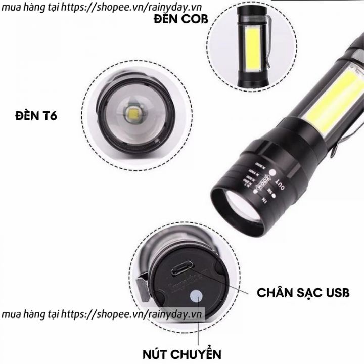 Đèn pin siêu sáng mini bin sạc điện usb bóng led xpe cob có zoom chống nước cầm tay chuyên dụng