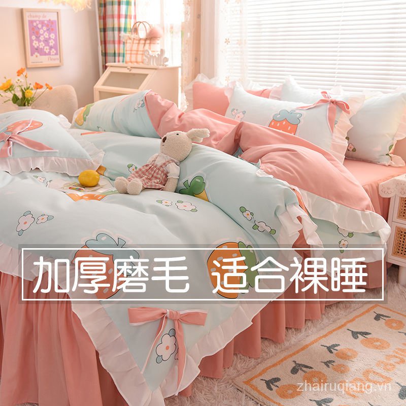 Bộ chăn ga và vỏ gối chống trượt in hình phong cách Hàn Quốc