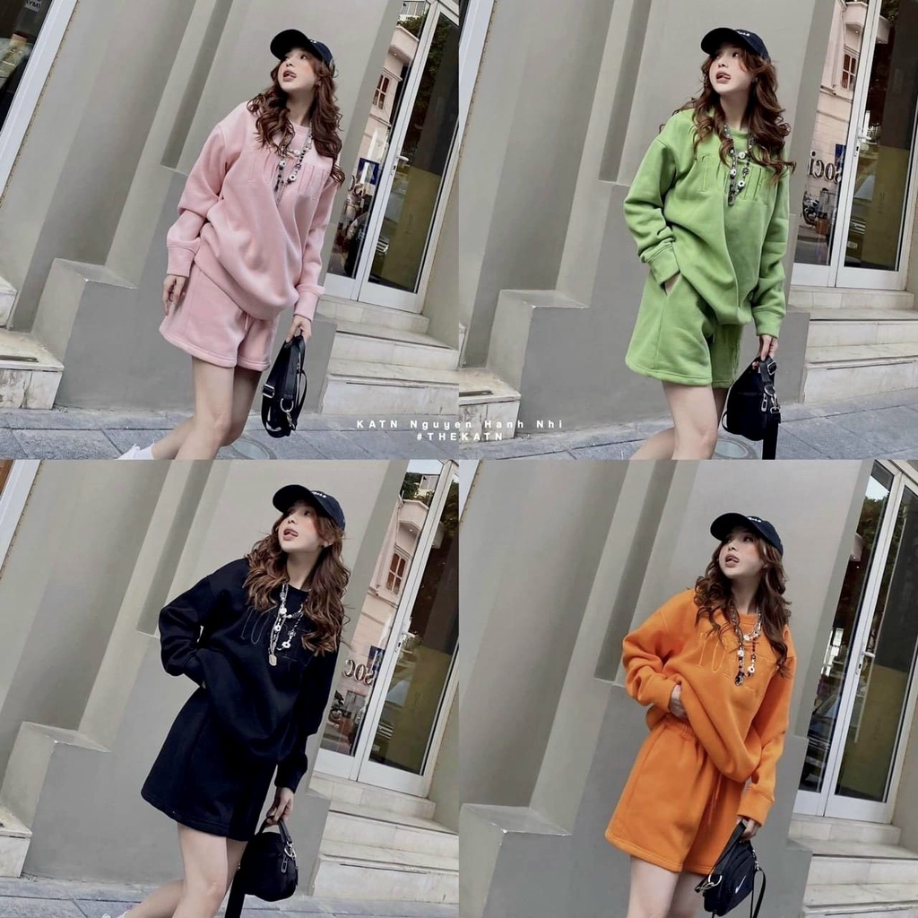 Set bộ 2 món đi chơi với áo cổ tròn form rộng kèm quần đùi  chất nỉ cao cấp mềm mịn