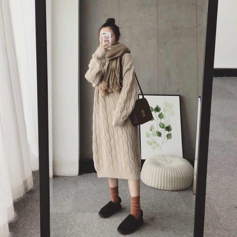 Order-Ảnh thật hình cuối-Váy len vặn thừng dáng dài Ulzzang