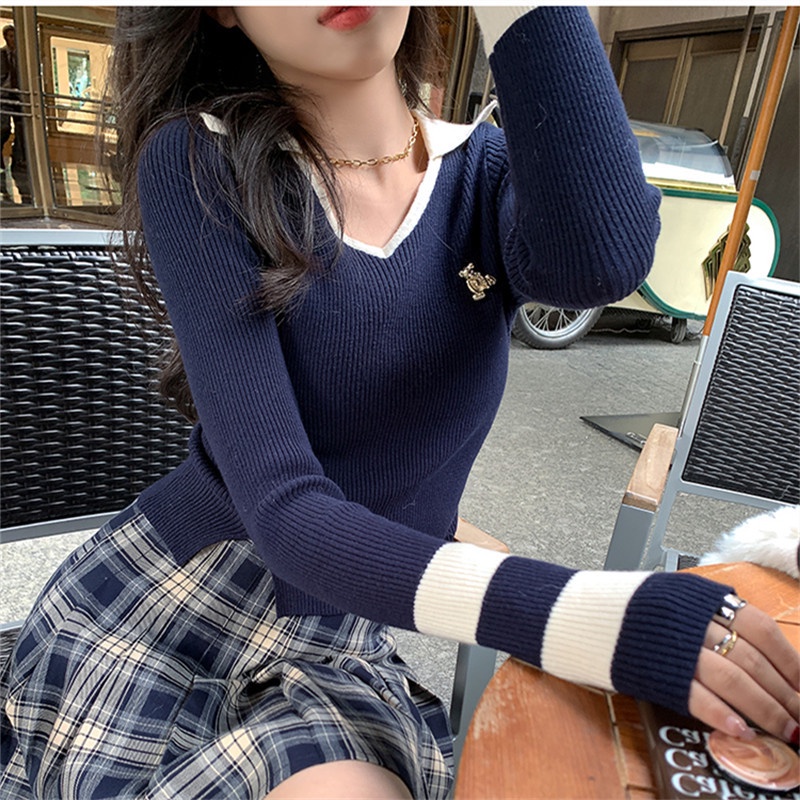 Áo len dài tay cổ chữ V màu sắc thanh lịch dành cho nữ